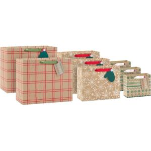 Hallmark Assorted Christmas Gift Bags, Recyclable Kraft Brown with Snowflake, Plaid and Trees (8 Bags: 3 Small 6″, 3 Medium 9″, 2 Large 13″) for Holiday Parties, Hanukkah, Winter Weddings(Kraft Plaid  Snowflakes  Mittens)