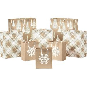 Hallmark Assorted Christmas Gift Bags, Recyclable Kraft Brown with Snowflake, Plaid and Trees (8 Bags: 3 Small 6″, 3 Medium 9″, 2 Large 13″) for Holiday Parties, Hanukkah, Winter Weddings(Kraft Snowflakes  Plaid  Christmas Trees)