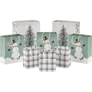 Hallmark Christmas Gift Bag Assortment (8 Bags: 3 Small 6″, 3 Medium 9″, 2 Large 13″) White and Sage Green with Rustic Snowman, Plaid, Evergreen Tree for Christmas, Winter Weddings, Birthdays