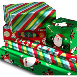 Hallmark Christmas Wrapping Paper Rolls – Solid Red, Green, Gold Metallic Foil Gift Wrap Paper (Set of 3 Rolls: 60 sq. ft. ttl.) for Holiday Parties, Hanukkah, Winter Weddings(Metallic Santa  Stripes  Candy)