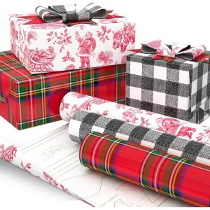Hallmark Holiday Plaid Wrapping Paper with Cutlines and Optional DIY Bow Templates on Reverse (3-Pack: 120 Sq. Ft. Ttl) Red Toile, Black Buffalo Check, Plaid for Christmas, Birthdays, Weddings, Crafts(Red Toile  Black Buffalo Check  Plaid)