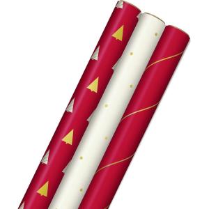 Hallmark Holiday Plaid Wrapping Paper with Cutlines and Optional DIY Bow Templates on Reverse (3-Pack: 120 Sq. Ft. Ttl) Red Toile, Black Buffalo Check, Plaid for Christmas, Birthdays, Weddings, Crafts(Red  White  Gold Trees  Stripes  Dots)