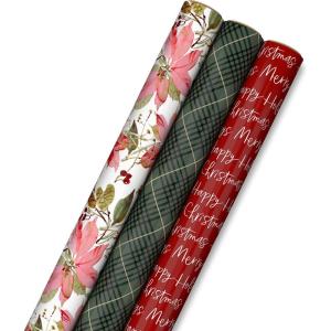 Hallmark Holiday Plaid Wrapping Paper with Cutlines and Optional DIY Bow Templates on Reverse (3-Pack: 120 Sq. Ft. Ttl) Red Toile, Black Buffalo Check, Plaid for Christmas, Birthdays, Weddings, Crafts(Elegant Poinsettia  Merry Christmas  and Green Plaid)