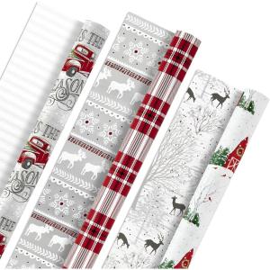 Hallmark Holiday Wrapping Paper Rolls – Rustic Christmas Gift Wrap Paper (Set of 3 Reversible Rolls: 120 sq. ft. ttl.) Plaid, Barn, Red Truck, Moose, Woodland Scenes(Plaid  Barn  Red Truck  Moose  Woodland Scenes)