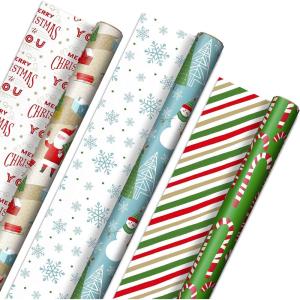 Hallmark Holiday Wrapping Paper Rolls – Rustic Christmas Gift Wrap Paper (Set of 3 Reversible Rolls: 120 sq. ft. ttl.) Plaid, Barn, Red Truck, Moose, Woodland Scenes(Rustic Santa  Papercraft Snowmen  Candy Canes  Stripes  Snowflakes  “Merry Christmas to You”)