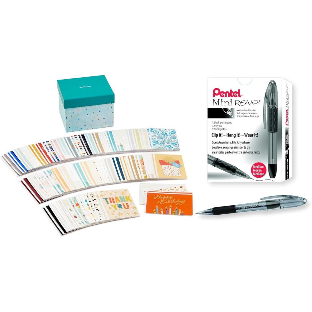 imagePentel Mini RSVP Stick Ballpoint Pens Pack of 12 and Hallmark All Occasion Boxed Set of Greeting Cards Pack of 100 for Birthday Thank You Sympathy Wedding Baby Showers