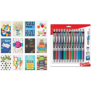 Hallmark Birthday Cards Assorted (12 Count with Envelopes) and Pentel EnerGel RTX Retractable Liquid Gel Pens (Pack of 12)