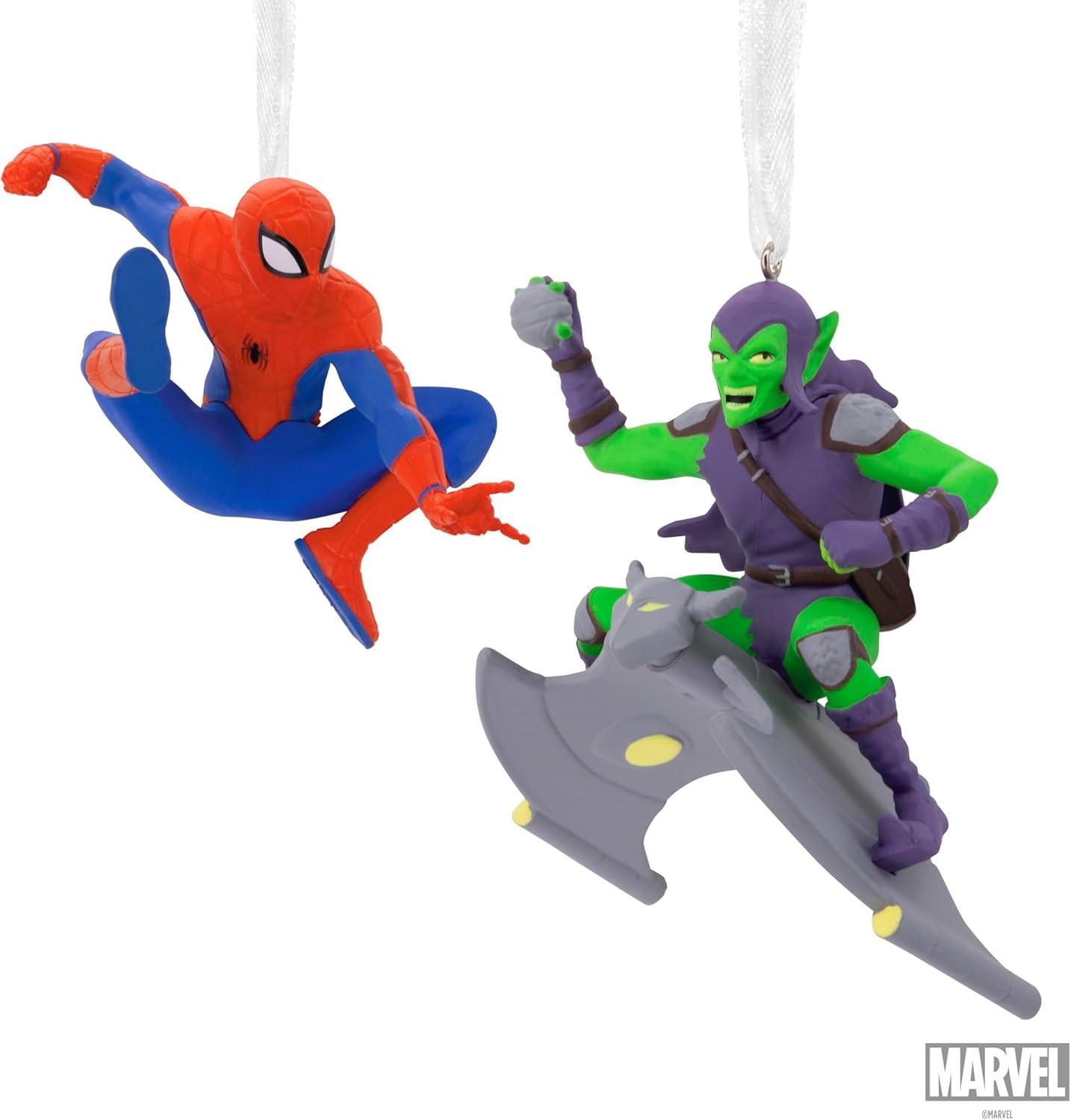 imageHallmark Marvel Super Heroes Mystery Christmas Ornaments Set of 2 ShatterproofSpiderMan  Green Goblin