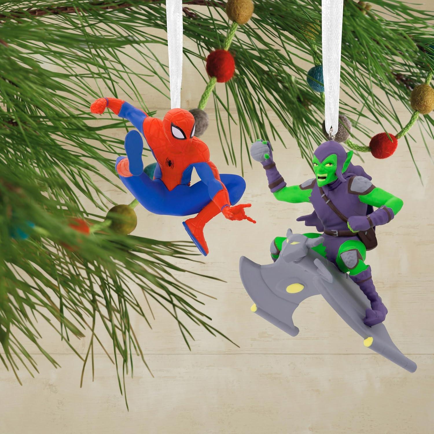 imageHallmark Marvel Super Heroes Mystery Christmas Ornaments Set of 2 ShatterproofSpiderMan  Green Goblin