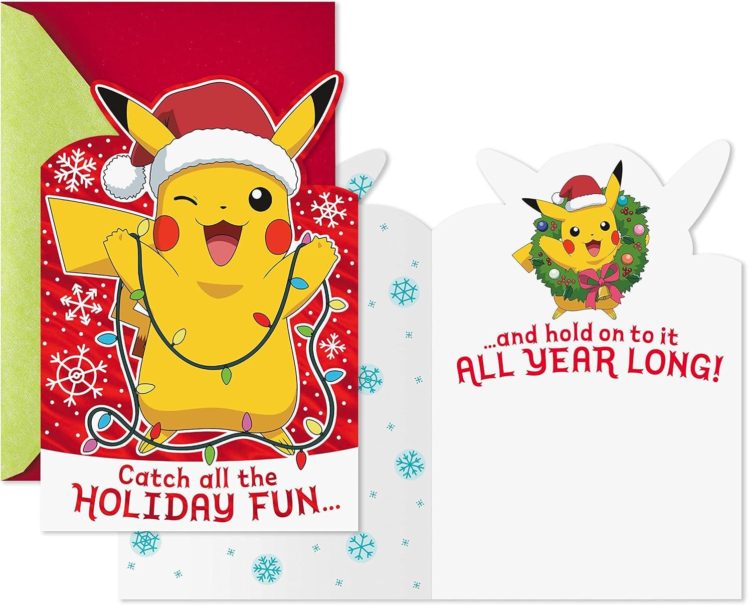 imageHallmark Pack of Pokmon Christmas Cards Pikachu Christmas Lights 4 Holiday Cards with Envelopes 5XXH2386Pikachu Christmas Lights  4 Cards with Envelopes