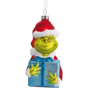 Hallmark Dr. Seuss’s How The Grinch Stole Christmas! Grinch with Present Christmas Ornament, Blown Glass