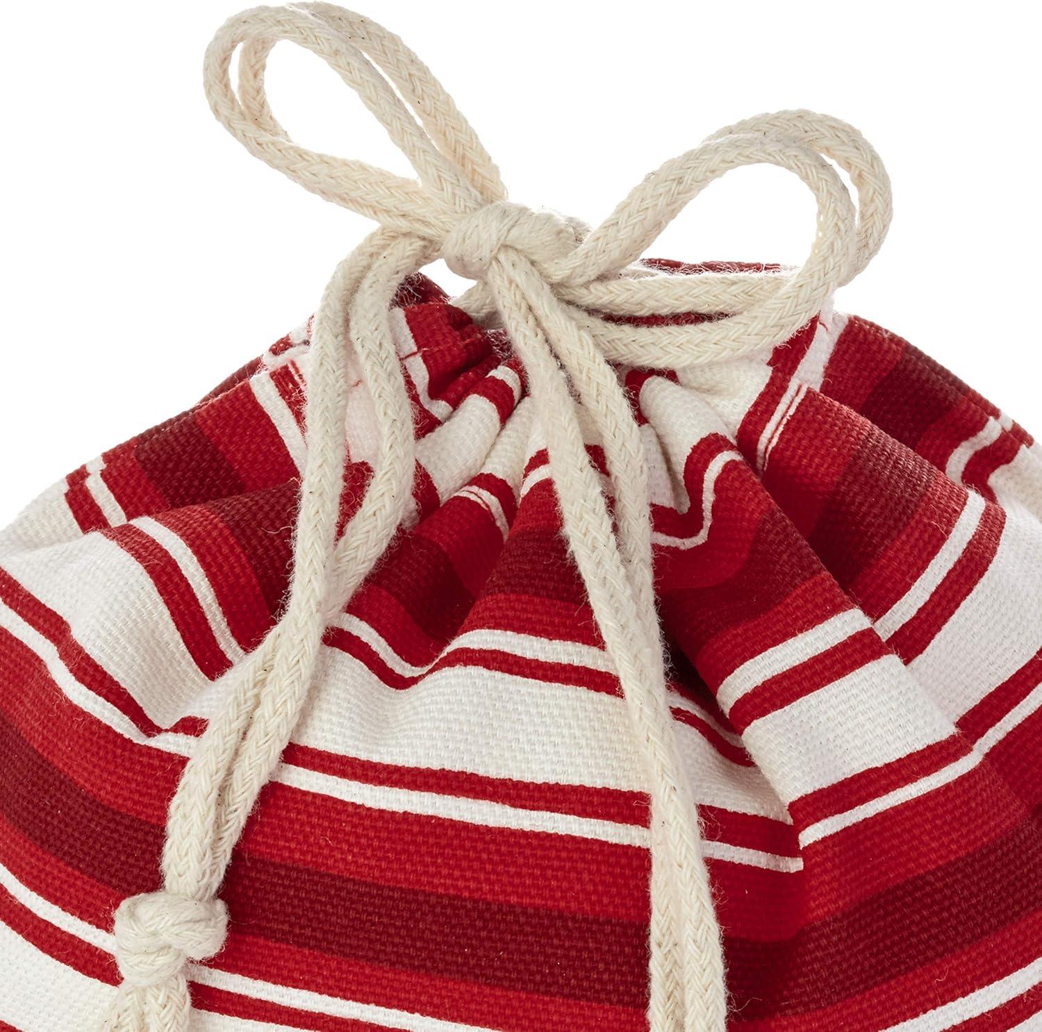 imageHallmark Drawstring Christmas Gift Bag Set 2 Fabric Bags with Drawstrings 1 Medium 10quot 1 Extra Large 20quot Santa Red and White Stripe 5XGB4902Black and red