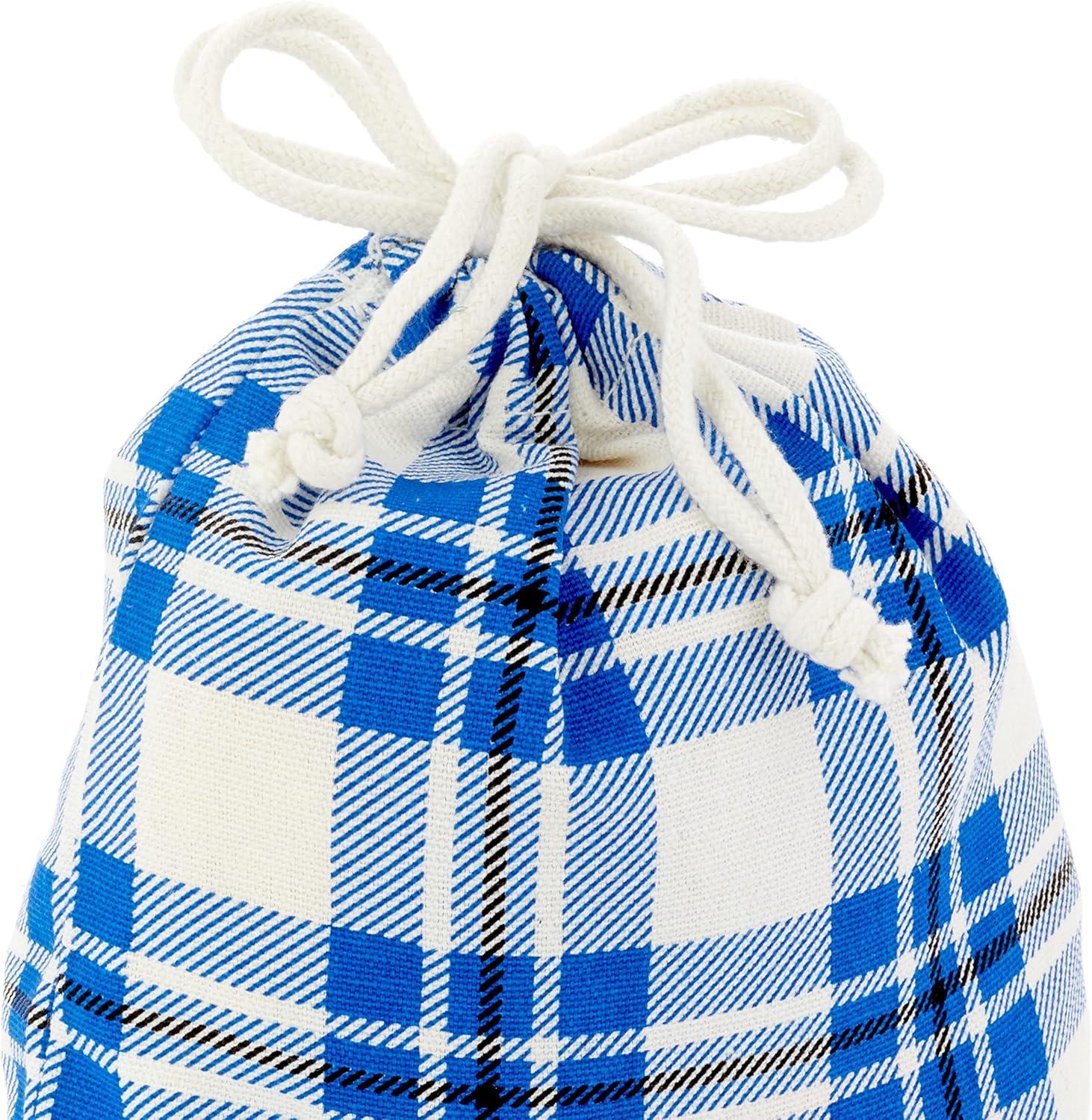 imageHallmark Drawstring Christmas Gift Bag Set 2 Fabric Bags with Drawstrings 1 Medium 10quot 1 Extra Large 20quot Santa Red and White Stripe 5XGB4902Red  Blue  Green