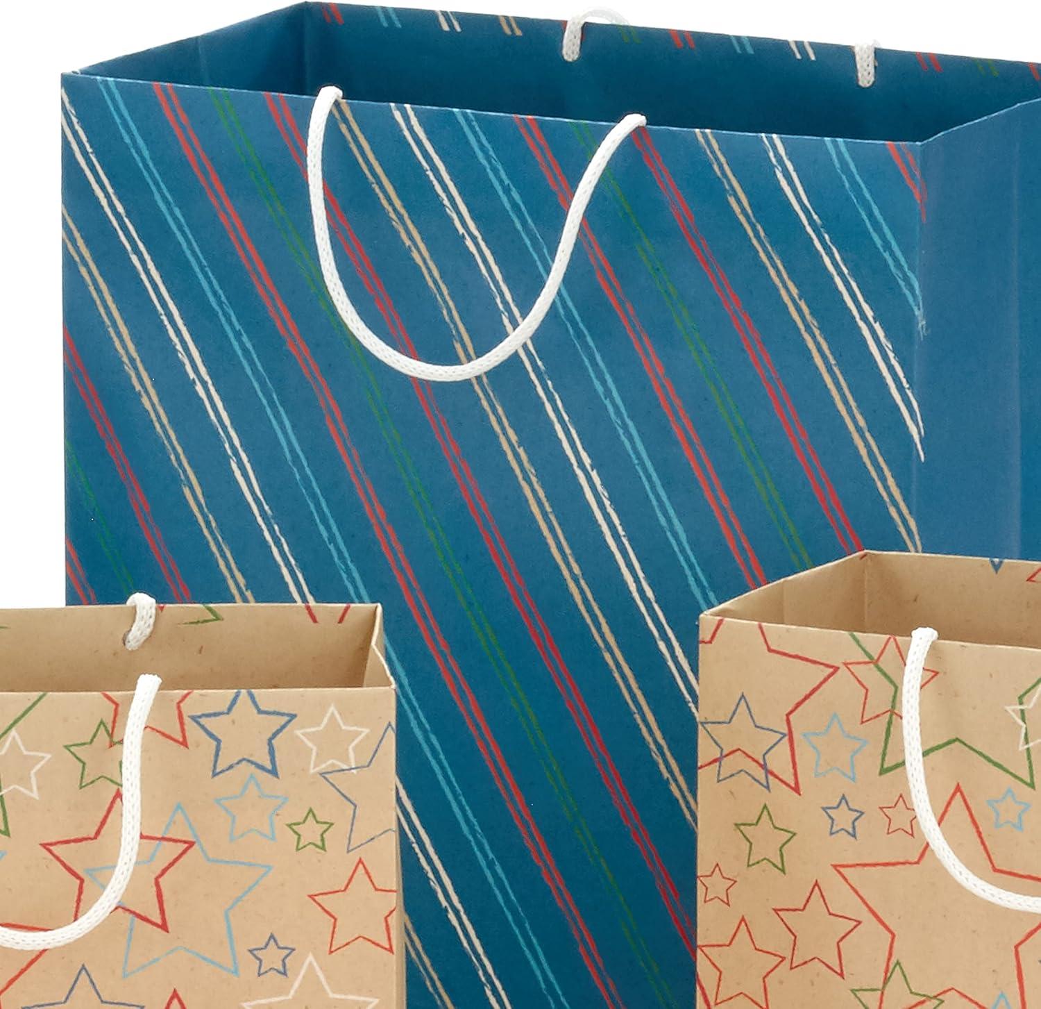 imageHallmark Gift Bag Assortment 8 Bags 3 Small 6quot 3 Medium 9quot 2 Large 13quot Celebrate Stars Stripes Red Blue Recyclable Kraft Brown for Birthdays Graduations Fathers DayRed  Kraft