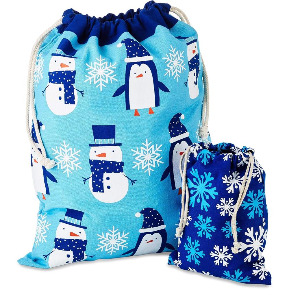 imageHallmark Blue Drawstring Gift Bag Bundle 2 Fabric Gift Bags 1 Medium 10quot 1 Large 19quot Snowmen Penguins Snowflakes for Christmas Hanukkah Holidays BirthdaysBlue Holiday Fabric Bag