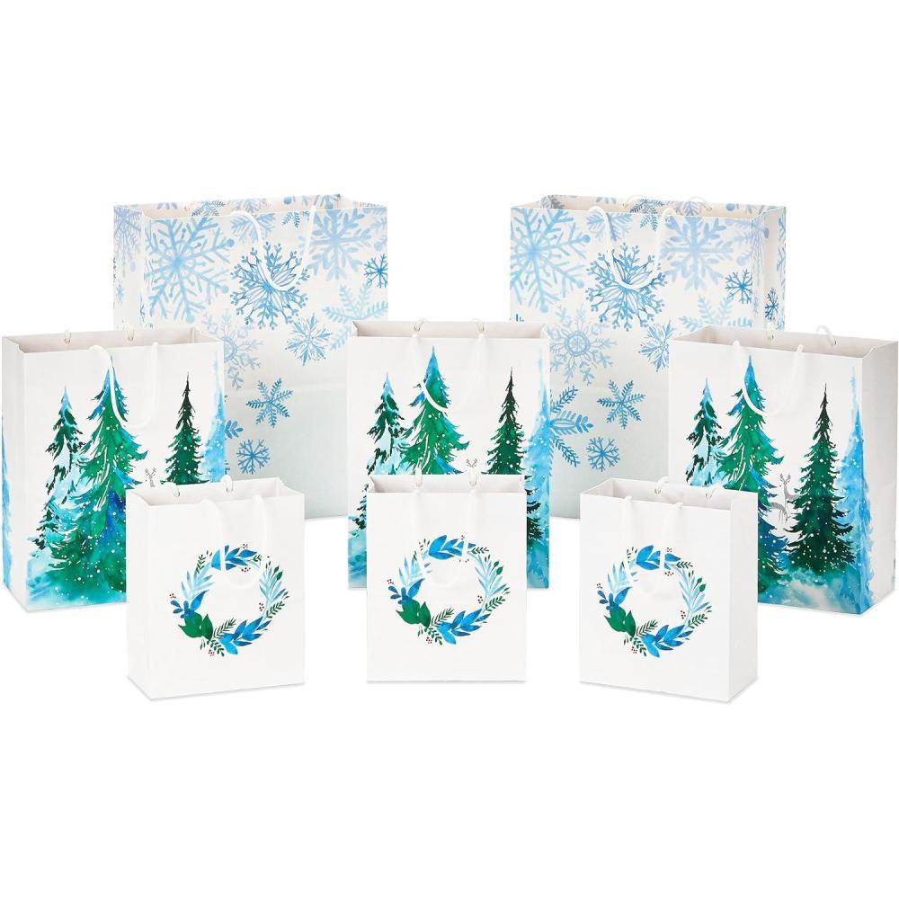 imageHallmark Christmas Gift Bags  White with Wreaths Snowflakes and Trees 8 Recyclable Bags 3 Small 6quot 3 Medium 9quot 2 Large 13quot for Holiday Parties Hanukkah Winter Weddings