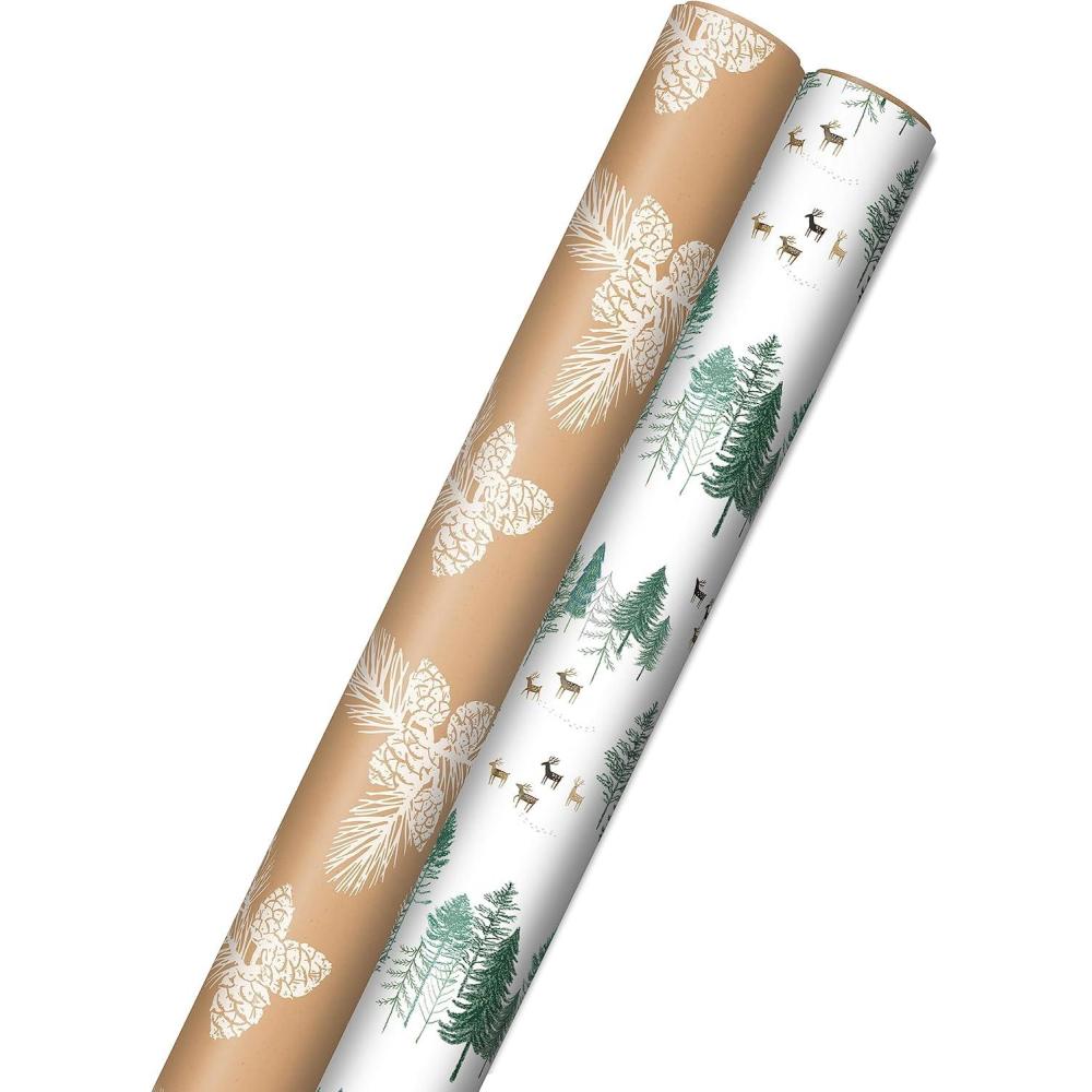 imageHallmark Christmas Wrapping Paper Rolls  Green Trees White Pine Cones on Recyclable Brown Kraft Gift Wrap Paper Set of 2 Rolls 150 sq ft ttl for Holiday Parties Winter WeddingsPine Cones  Green Trees