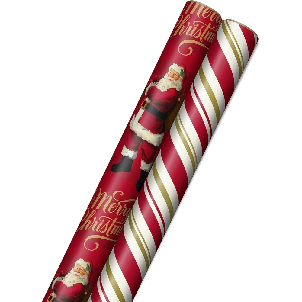 imageHallmark Christmas Wrapping Paper Rolls  Green Trees White Pine Cones on Recyclable Brown Kraft Gift Wrap Paper Set of 2 Rolls 150 sq ft ttl for Holiday Parties Winter WeddingsRetro Santa  Stripes