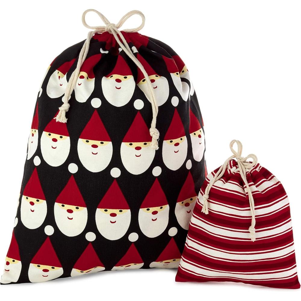 imageHallmark Drawstring Christmas Gift Bag Set 2 Fabric Bags with Drawstrings 1 Medium 10quot 1 Extra Large 20quot Santa Red and White Stripe 5XGB4902Black and red