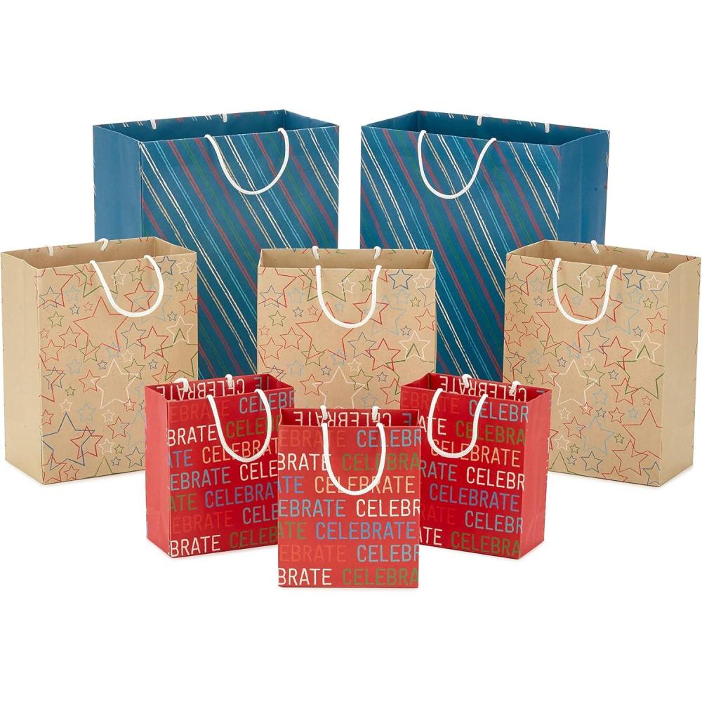 imageHallmark Gift Bag Assortment 8 Bags 3 Small 6quot 3 Medium 9quot 2 Large 13quot Celebrate Stars Stripes Red Blue Recyclable Kraft Brown for Birthdays Graduations Fathers DayRed  Kraft