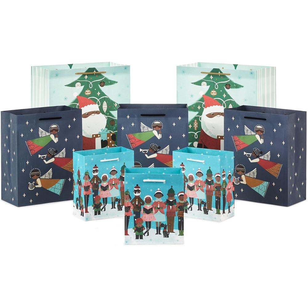 imageHallmark Mahogany Christmas Gift Bag Assortment 8 Bags 3 Small 6quot 3 Medium 9quot 2 Large 13quot Black Santa Claus AfricanAmerican Angels Carolers