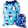 Hallmark Blue Drawstring Gift Bag Bundle (2 Fabric Gift Bags: 1 Medium 10″, 1 Large 19″) Snowmen, Penguins, Snowflakes for Christmas, Hanukkah, Holidays, Birthdays(Blue Holiday Fabric Bag)