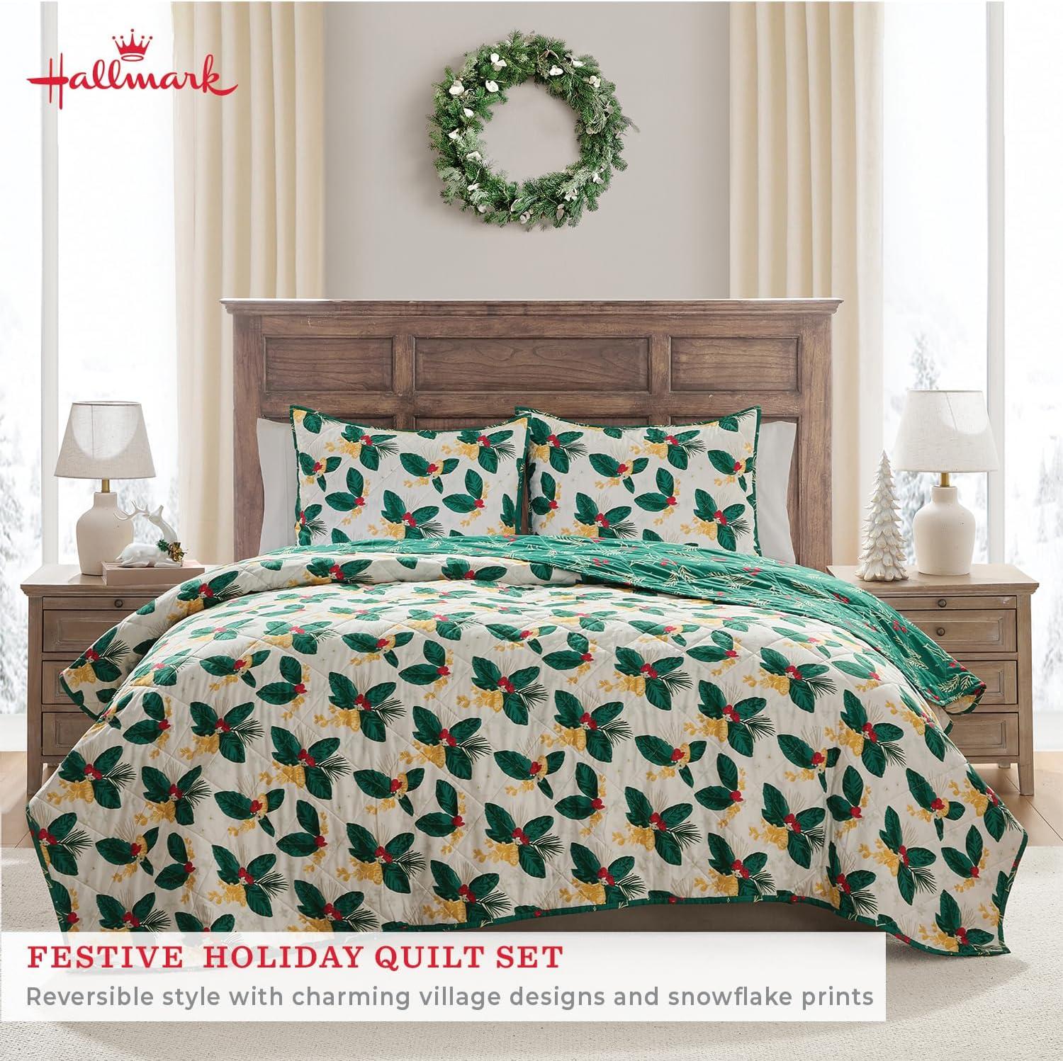 imageHallmark King Quilt Set 3Piece Holiday Reversible Bedding Set with Pillowcases Lightweight ampamp Fade ampamp Wrinkle Resistant Joy to Your World MulticolorCozy Christmas Green