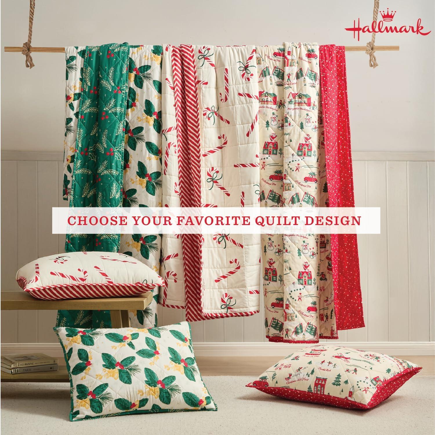 imageHallmark King Quilt Set 3Piece Holiday Reversible Bedding Set with Pillowcases Lightweight ampamp Fade ampamp Wrinkle Resistant Joy to Your World MulticolorCozy Christmas Green