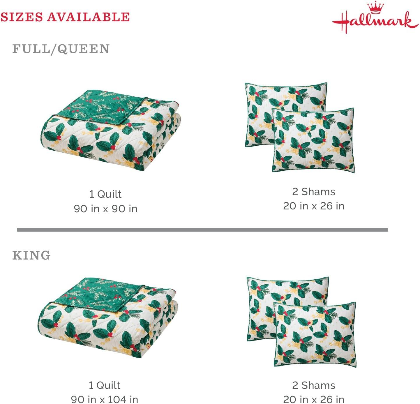 imageHallmark King Quilt Set 3Piece Holiday Reversible Bedding Set with Pillowcases Lightweight ampamp Fade ampamp Wrinkle Resistant Joy to Your World MulticolorCozy Christmas Green