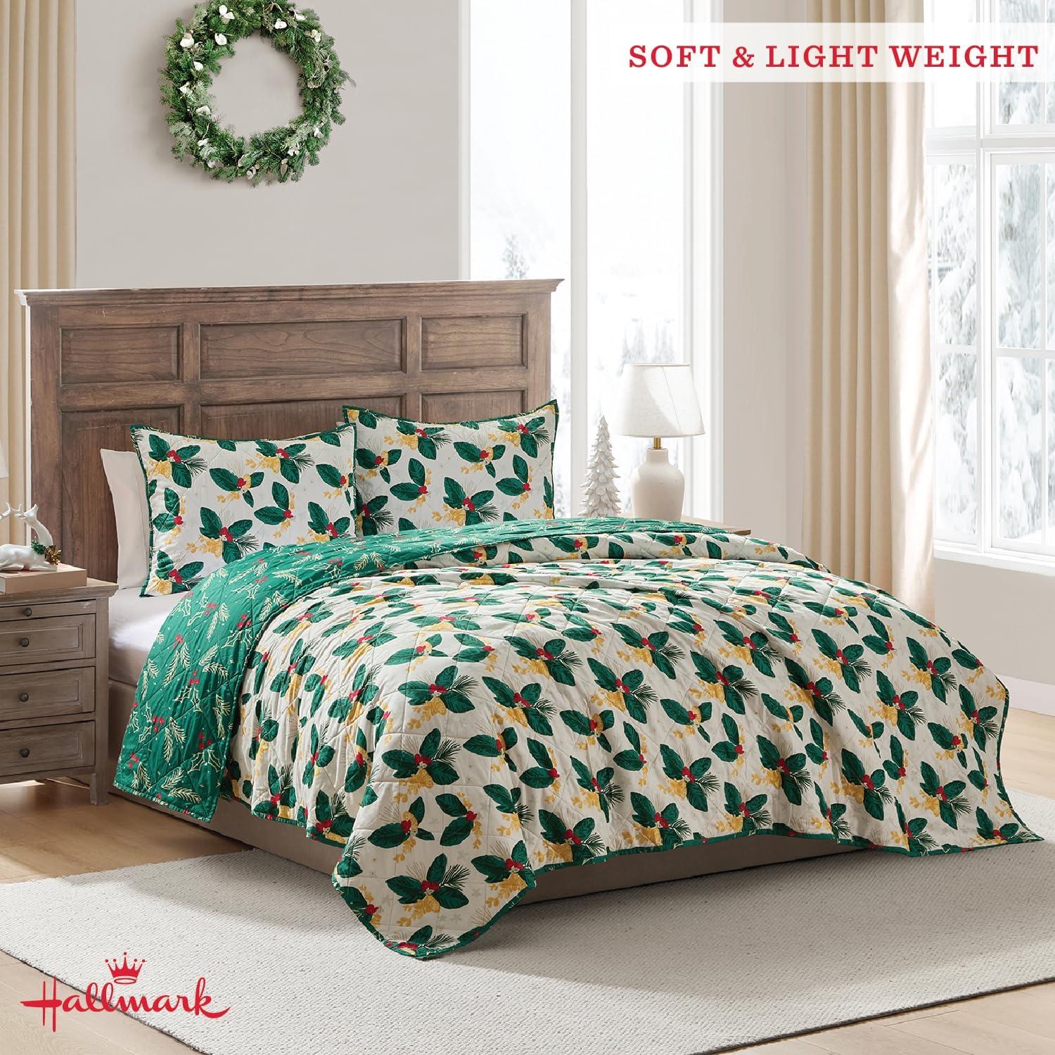 imageHallmark King Quilt Set 3Piece Holiday Reversible Bedding Set with Pillowcases Lightweight ampamp Fade ampamp Wrinkle Resistant Joy to Your World MulticolorCozy Christmas Green