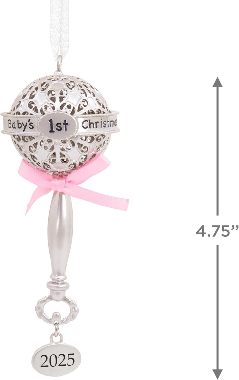 imageHallmark Babys First Christmas Silver Rattle with Pink Ribbon 2025 Christmas Ornament Metal New Baby Gifts