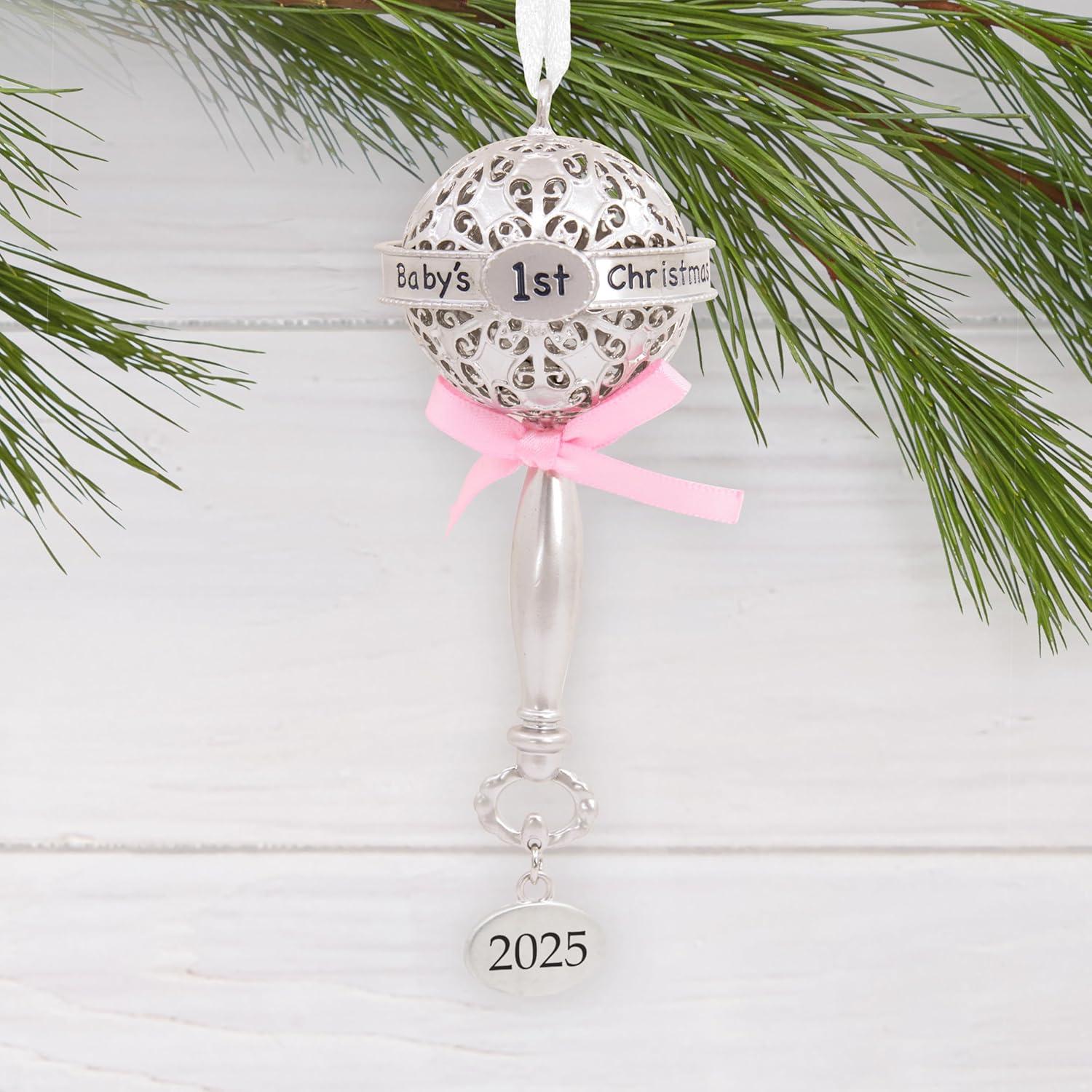 imageHallmark Babys First Christmas Silver Rattle with Pink Ribbon 2025 Christmas Ornament Metal New Baby Gifts