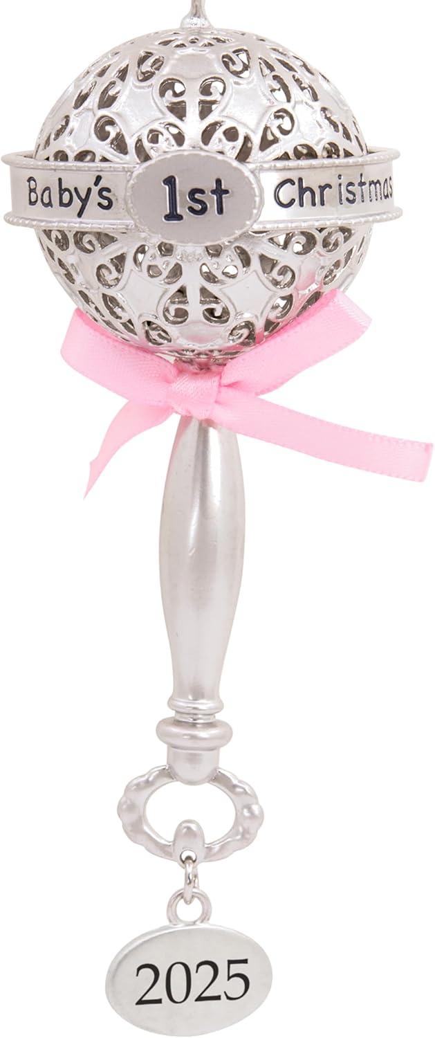 imageHallmark Babys First Christmas Silver Rattle with Pink Ribbon 2025 Christmas Ornament Metal New Baby Gifts