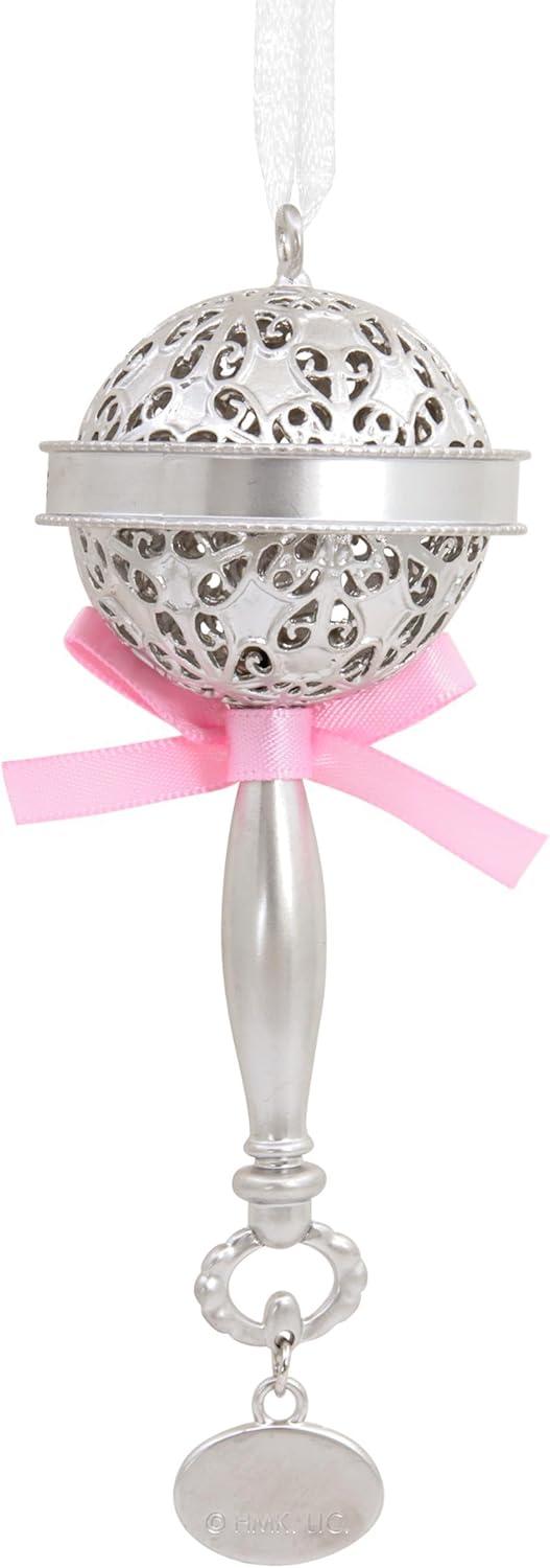 imageHallmark Babys First Christmas Silver Rattle with Pink Ribbon 2025 Christmas Ornament Metal New Baby Gifts