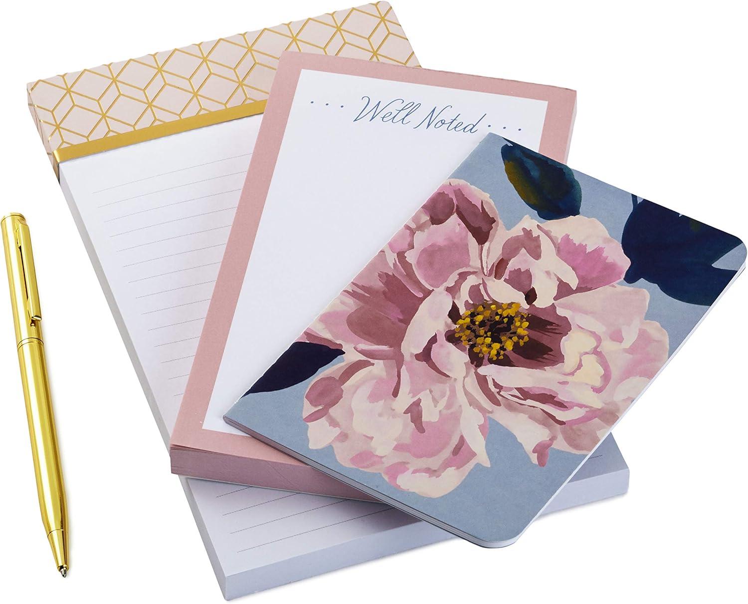 imageHallmark Notepad Bundle with Pen Pretty Pinks 3 Notepads in Assorted Sizes with Gold Pen