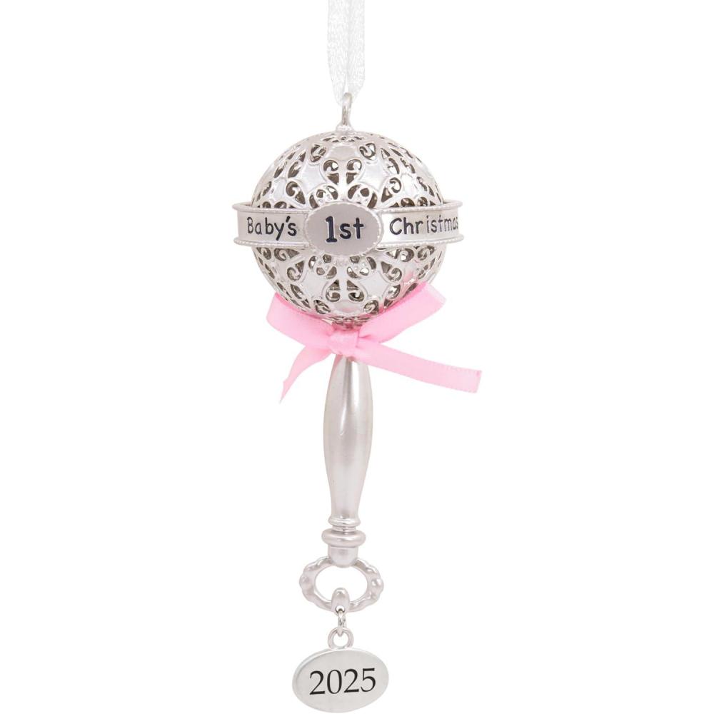 imageHallmark Babys First Christmas Silver Rattle with Pink Ribbon 2025 Christmas Ornament Metal New Baby Gifts
