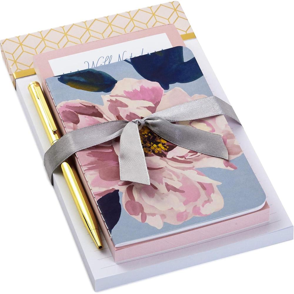 imageHallmark Notepad Bundle with Pen Pretty Pinks 3 Notepads in Assorted Sizes with Gold Pen