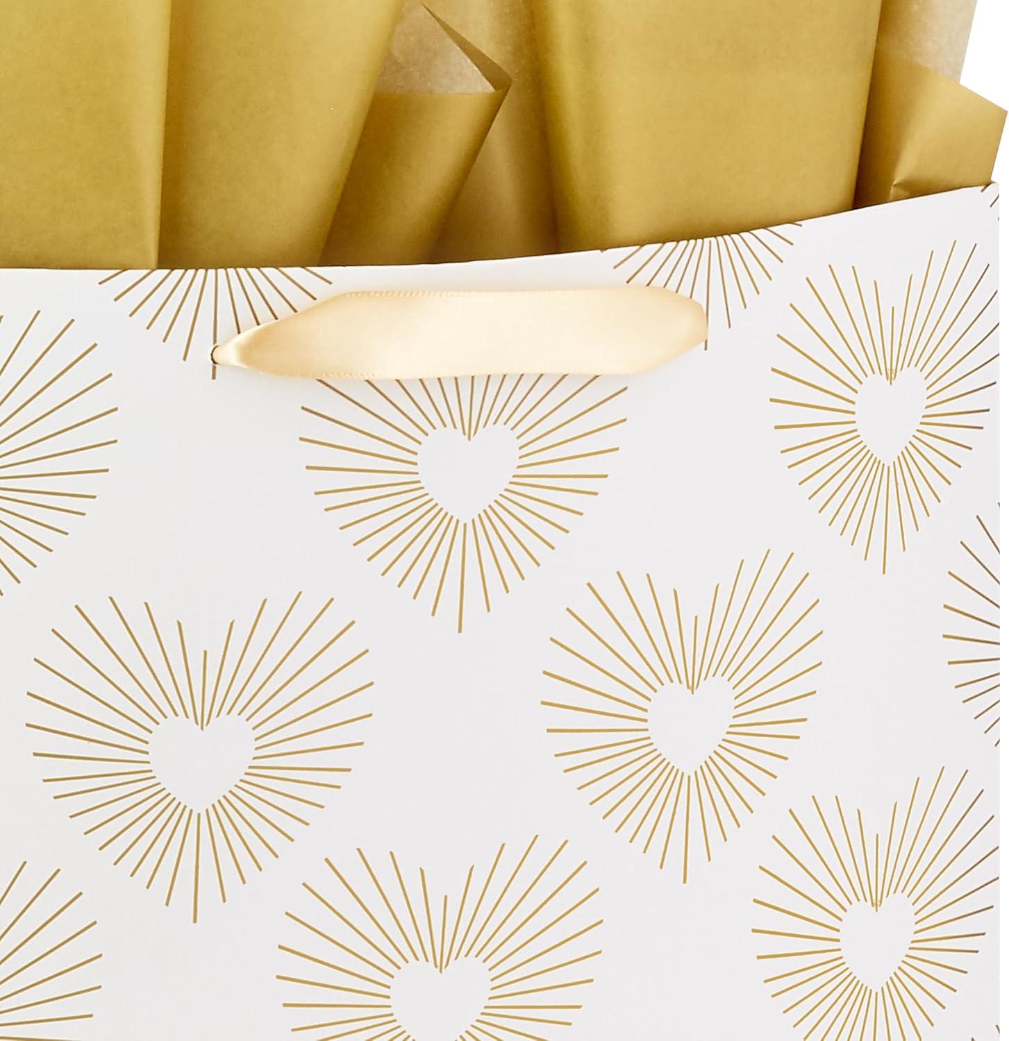 imageHallmark 13quot Large Heart Gift Bag with Wedding Card and Tissue Paper Best Wishes Gold and White Hearts for Weddings Bridal Showers EngagementsGold and White