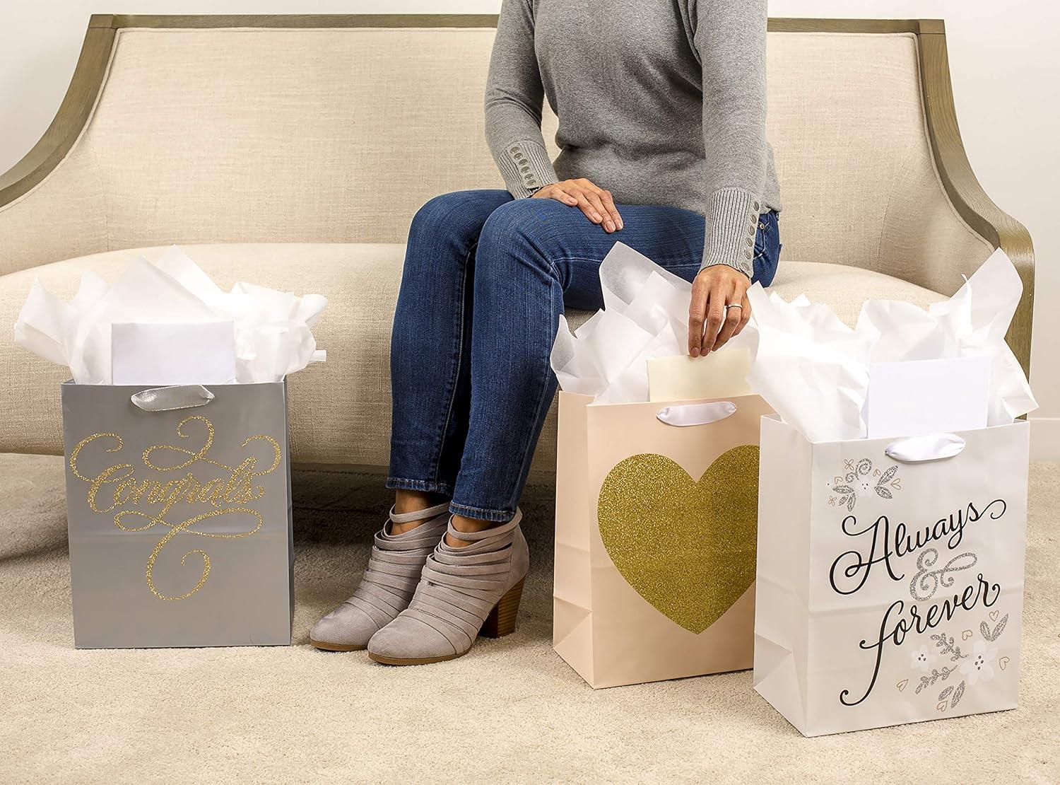 imageHallmark Large Wedding Gift Bags with Tissue Paper Glitter Pack of 3 silver gold white 5EGB6059