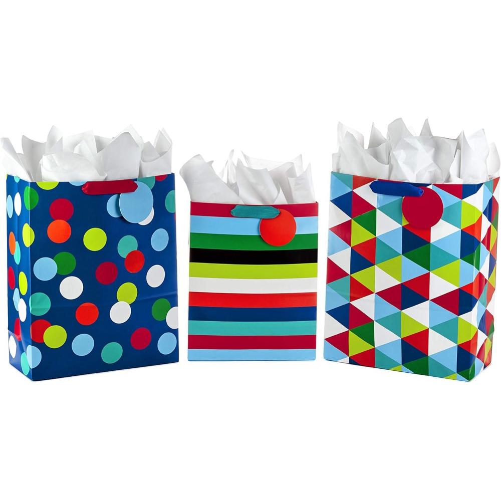 imageHallmark 13quot Large and 15quot Extra Large Gift Bags Assortment with Tissue Paper Pack of 3 Celebrate Rainbow Stripes Polka Dots for Christmas Birthdays Fathers Day Graduations or Any Occasion3 Count Pack of 1
