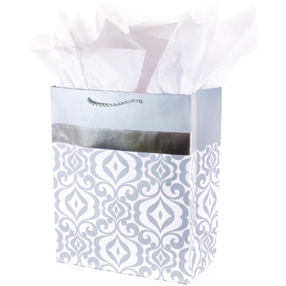 imageHallmark 9quot Medium Silver Gift Bag Scroll with Tissue Paper for Valentines Day Holidays Weddings Anniversary Engagements and MoreLarge Silver Damask