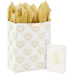 Hallmark 13″ Large Heart Gift Bag with Wedding Card and Tissue Paper (Best Wishes Gold and White, Hearts) for Weddings, Bridal Showers, Engagements(Gold and White)