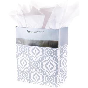 Hallmark 9″ Medium Silver Gift Bag (Scroll) with Tissue Paper for Valentines Day, Holidays, Weddings, Anniversary, Engagements and More(Large Silver Damask)