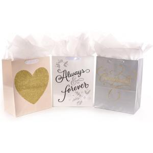 Hallmark Large Wedding Gift Bags with Tissue Paper, Glitter (Pack of 3), silver, gold, white (5EGB6059)