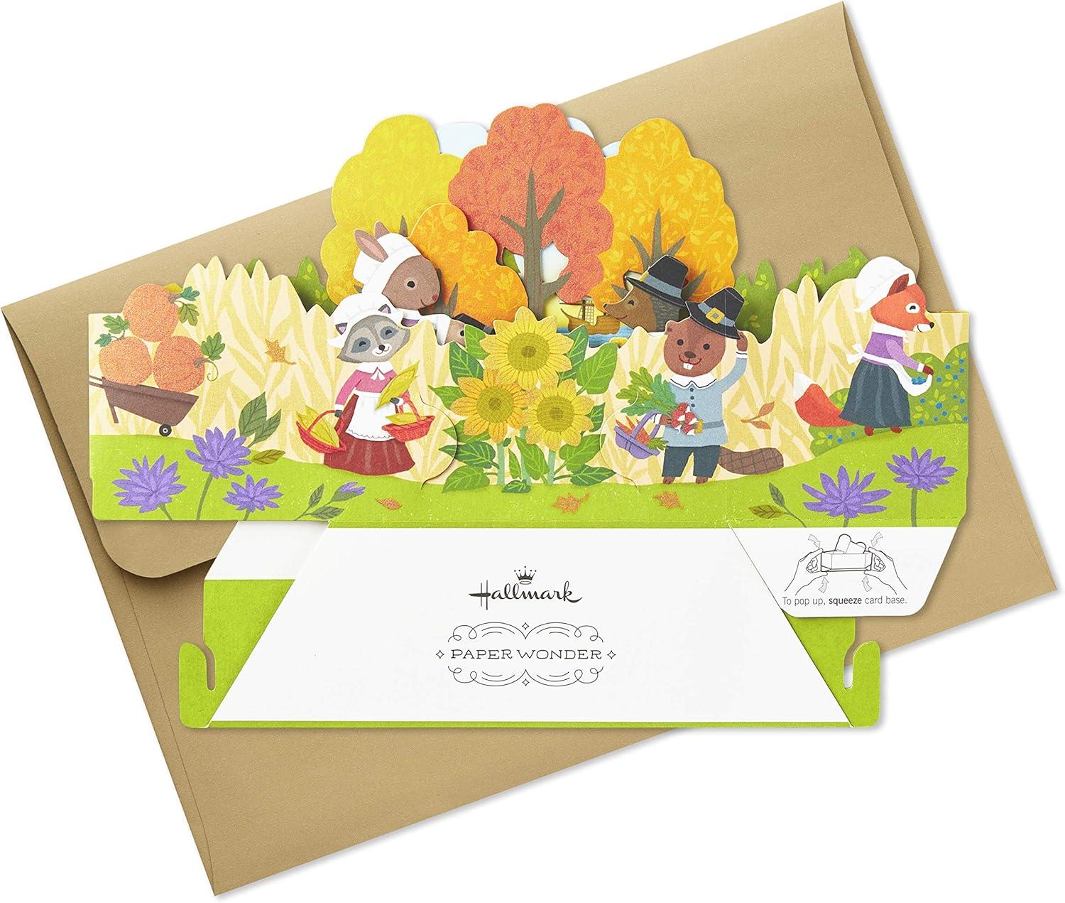 imageHallmark Paper Wonder Displayable Pop Up Thanksgiving Card Woodland FeastPop Up Woodland Animal Pilgrims