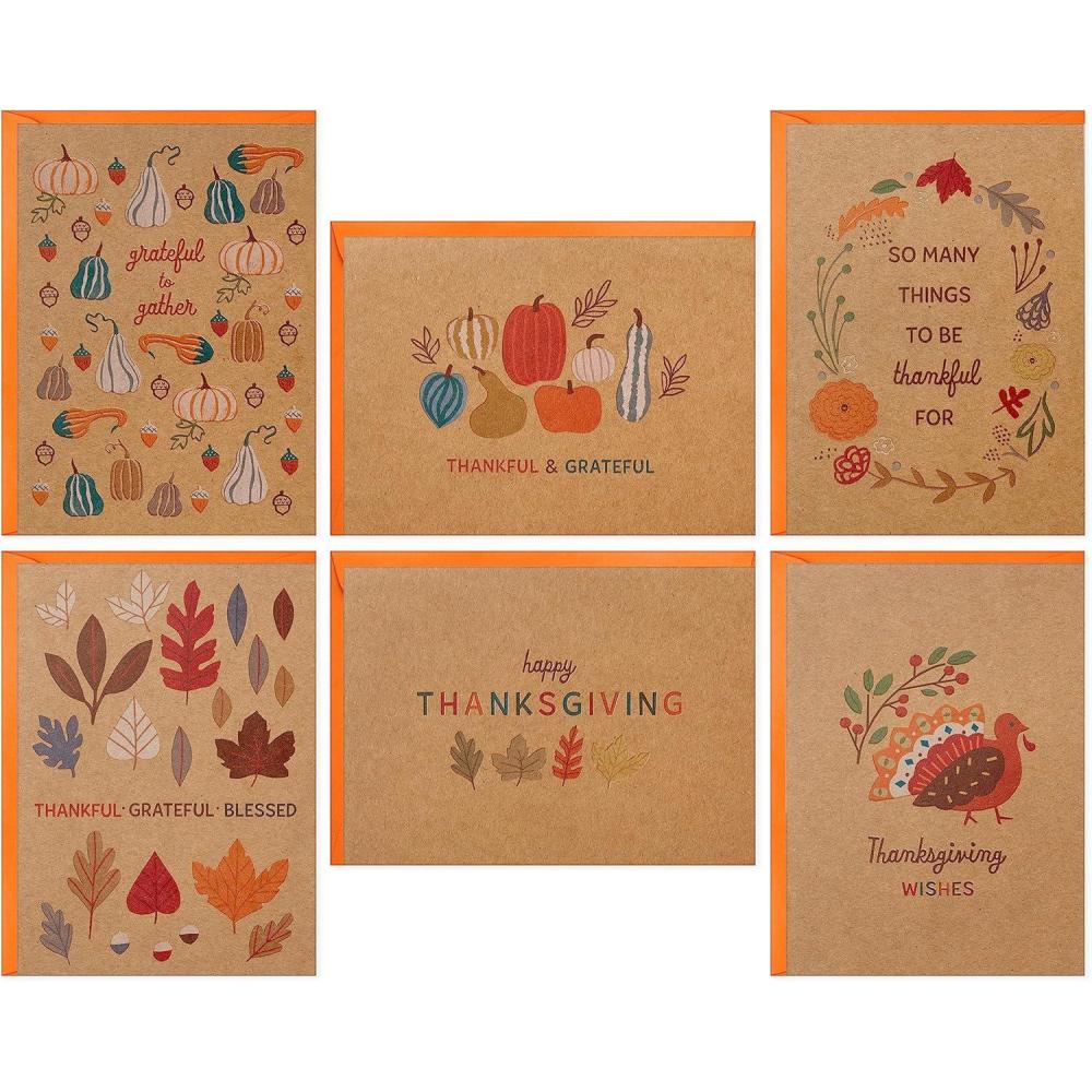 imageHallmark Kraft Thanksgiving Cards Assortment 24 Assorted Cards with Envelopes Leaves Pumpkins GourdsThanksgiving Icons on Kraft Notecards