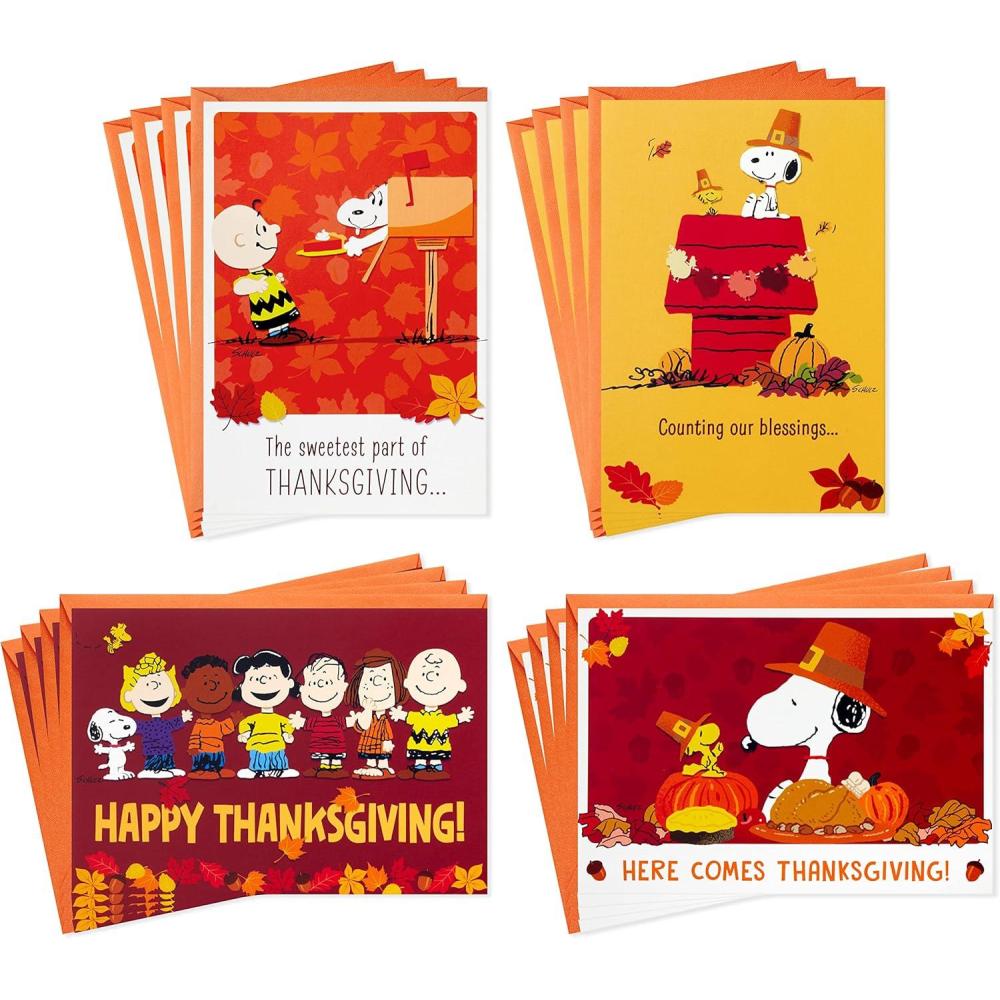 imageHallmark Peanuts Thanksgiving Cards Assortment Snoopy and Friends 16 Assorted Cards with EnvelopesPeanuts Thanksgiving Assortment