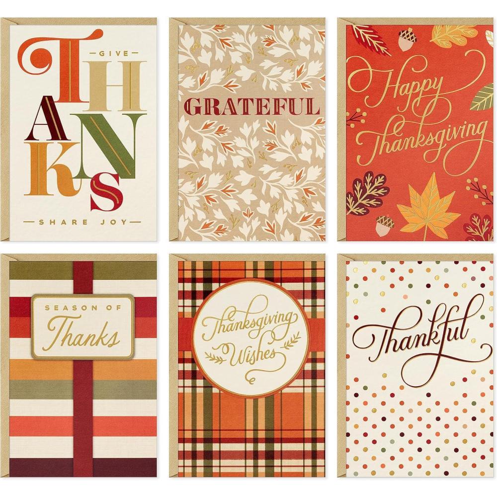 imageHallmark Thanksgiving Cards Assortment Thankful 36 Assorted Cards with EnvelopesClassic Thanksgiving Stripes Leaves and Plaid