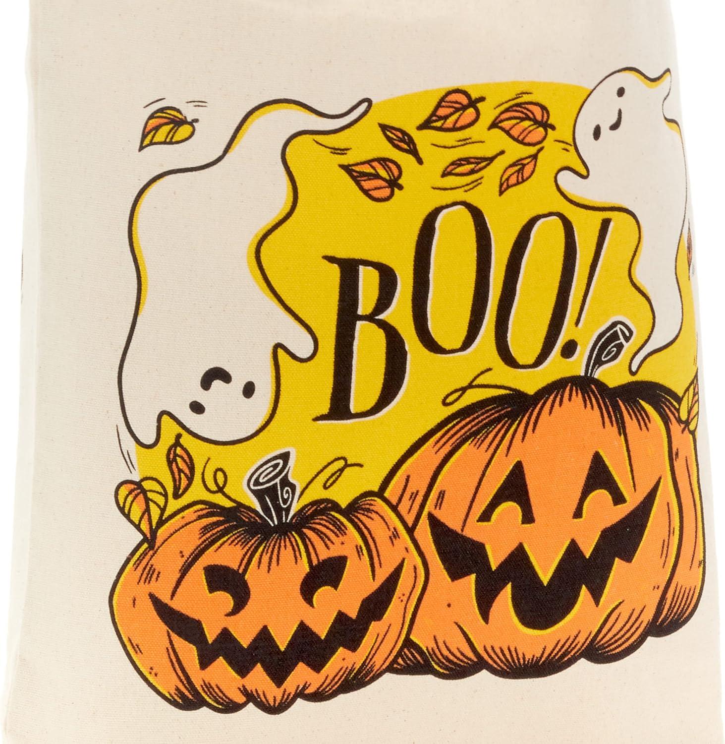 imageHallmark 13quot Large Halloween Tote Bag Haunted House Reusable Canvas Bag for Trick or Treating Grocery Shopping and MorePumpkins and Ghosts