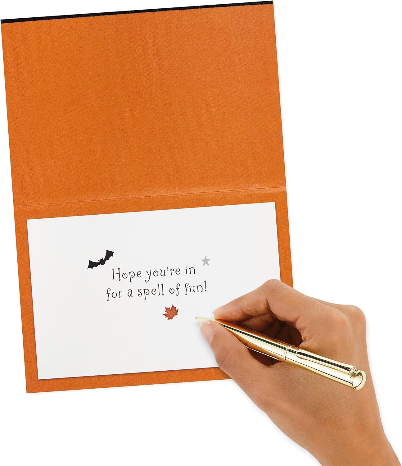 imageHallmark Black and White Happy Halloween Card Spell of Fun Skull Pumpkins Bats Spider Webs Leaves